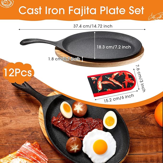 Lallisa 12 Sets Cast Iron Fajita Plate Set Fajita Plate Pan with Wooden Tray Anti Scald Protection Hot Mitt Cast Iron Skillet Set for Home Barbecue Kitchen Party Restaurant Catering Service
