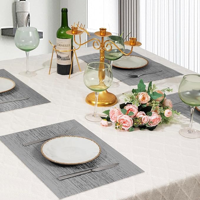 Leetaltree Grey Placemats, Heat Resistant Non-Slip Place mats for Dining Table, Washable Durable PVC Vinyl Woven Table Mats (Set of 12)