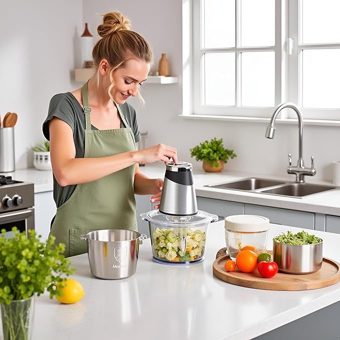 MEGAWISE Food Processor, 800W Electric Meat Grinder, 1.8L Stainless Steel Bowl & 1.8L Glass Bowl, Dual Speed Modes for Meat, Onion, Vegetables, Nuts, Fruits, Baby Food