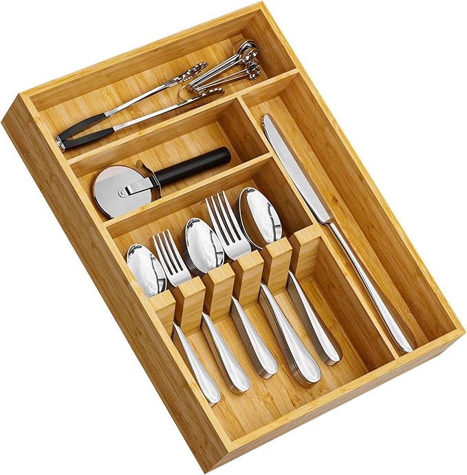 Yofidra Bamboo Silverware Organizer, 16.3″x12.24″x2.6″ Kitchen Utensil Drawer Organizer, Silverware Tray for Drawer with Fixed Slots for Spoons, Forks & Knives, Natural