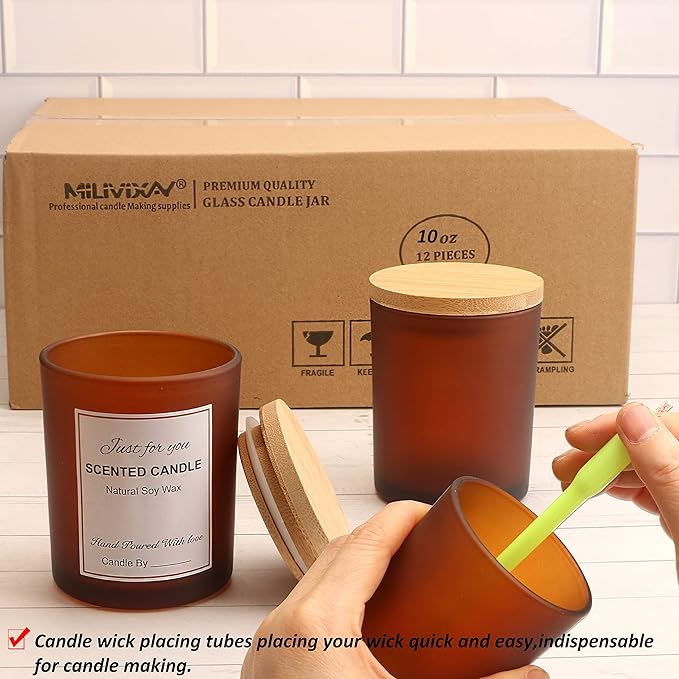 MILIVIXAY 12 Pack 10 OZ Frosted Amber Glass Candle Jars with Lids and Candle Making Kits - Bulk Empty Candle Jars for Making Candles - Spice, Powder Containers.