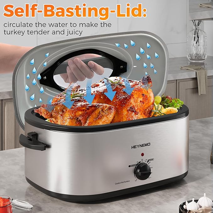 24 Quart Electric Roaster Oven with Visible & Self-Basting Lid, Large Turkey Roaster with Defrost Warm Function, Adjustable Temperature, Removable Pan Rack, Stainless Steel