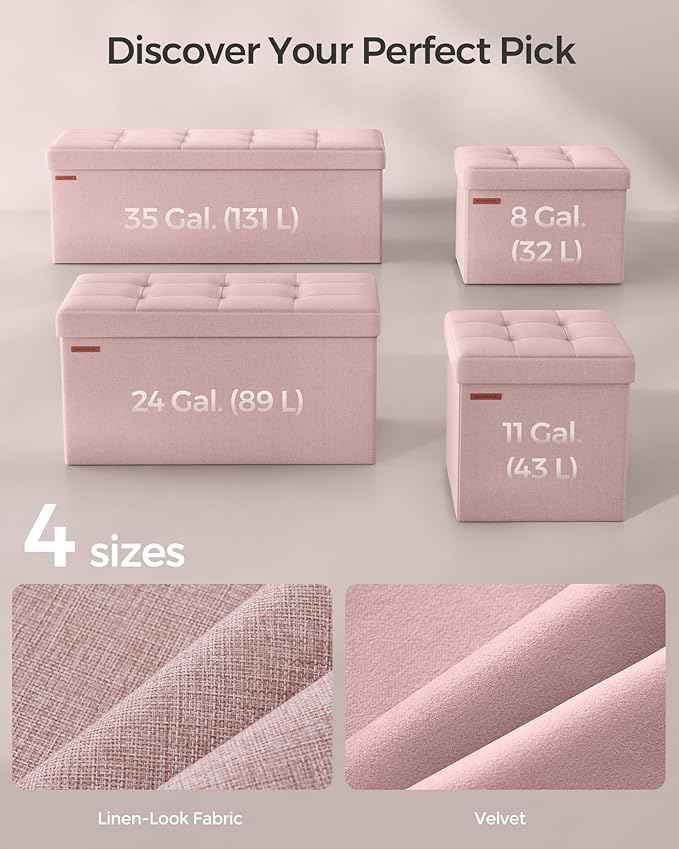 SONGMICS MAZIE Collection - 43 Inches Folding Storage Ottoman Bench, Ottoman Foot Rest, End of Bed Bench, Storage Chest, Load 660 lb, for Living Room, Bedroom, Entryway, Jelly Pink ULSF077R11