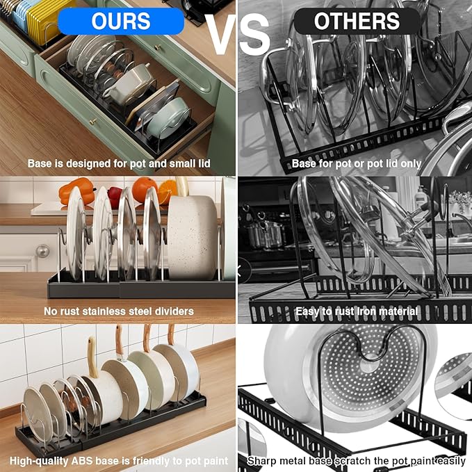 Mustorn Pots and Pans Organizer Under Cabinet, 22" Expandable Food Storage Container Lid Organizers with 9 Adjustable Dividers Pot and Pan Lid Holders Rack Inside Cabinet/Countertop(1 Pack, Black)
