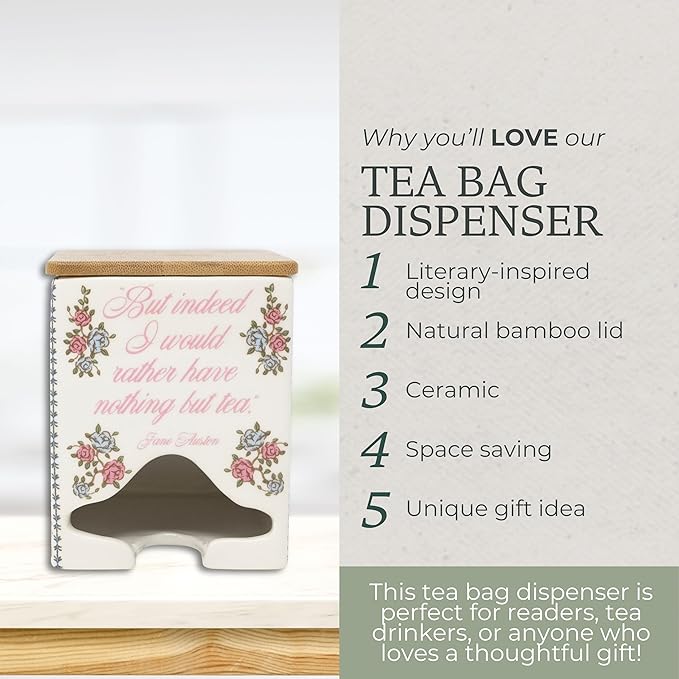 Steel Mill & Co Ceramic Tea Bag Dispenser with Bamboo Lid, Tea Storage Container for Kitchen Counter, Organizer for Tea Bags, Cute Bookish Gift for Tea Lovers (Jane Austen Quote)