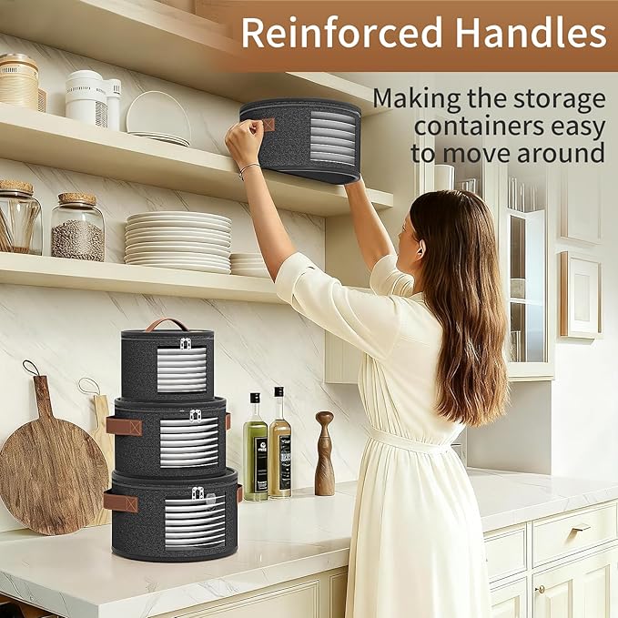 4 Piece China Storage Containers, Dish Storage Containers with Clear Windows, Hard Shell Plate Organizer with Handles, Stackable Moving Boxes for Dishes, Glassware, Dinnerware, Plates, Dark Gray