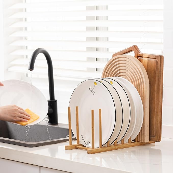 HBlife Heighten and Widen Bamboo Dish Dying Rack Pot Lid Plate Organizer Holder for Cabinet, Cutting Board Stand Drainer Storage Plate Rack for Dish, Pot Lid, Bowl, Cup, Cutting Board and Books