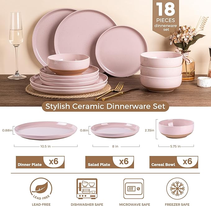 AmorArc Ceramic Dinnerware Sets for 6, 18 Pieces Handpainted Speckled Plates and Bowls Set with Rustic Terracotta Underside, Scratch Resistant Stoneware Dishes Set, Dishwasher & Microwave Safe, Pink