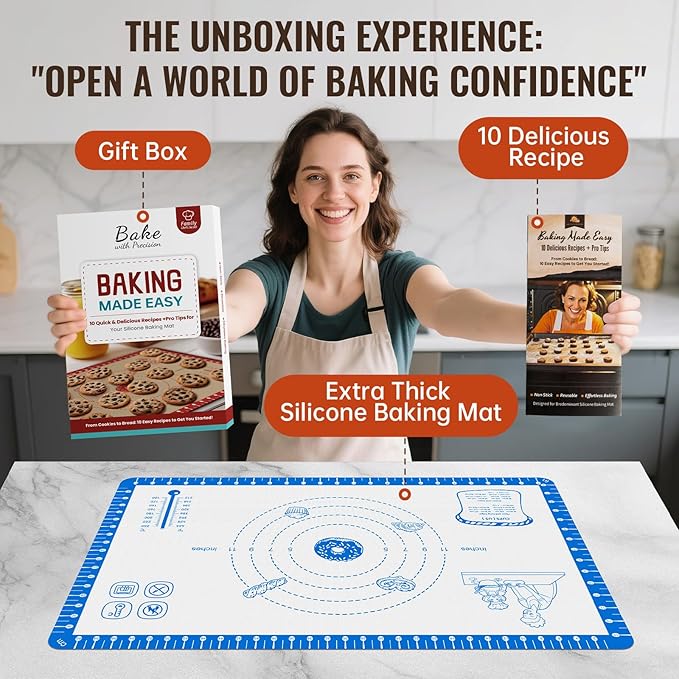 Non Stick Silicone Pastry Mat for Dough Rolling,Silicone Baking Mat with Measurement for Baking Pie Crust, Pizza & Cookies, Baking Sheet With 10 Recipes 480°F Oven Safe