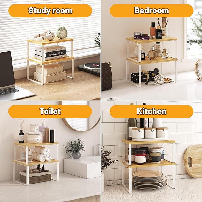 Kitchen Cabinet Organizer Shelf Set of 4, Sturdy Kitchen Counter Shelves with Metal Legs, Stackable Expandable Wood Spice Rack Pantry Cupboard Dish Mug Cup Storage Organizer Shelf,White+Bamboo