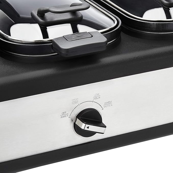 Amazon Basics Stainless Steel Triple Slow Cooker, Dishwasher Safe, Non-Stick, 3 x 2.5 Quarts, Removable Pots, Individual Temp Control, Tempered Glass Lids, for Party Entertaining