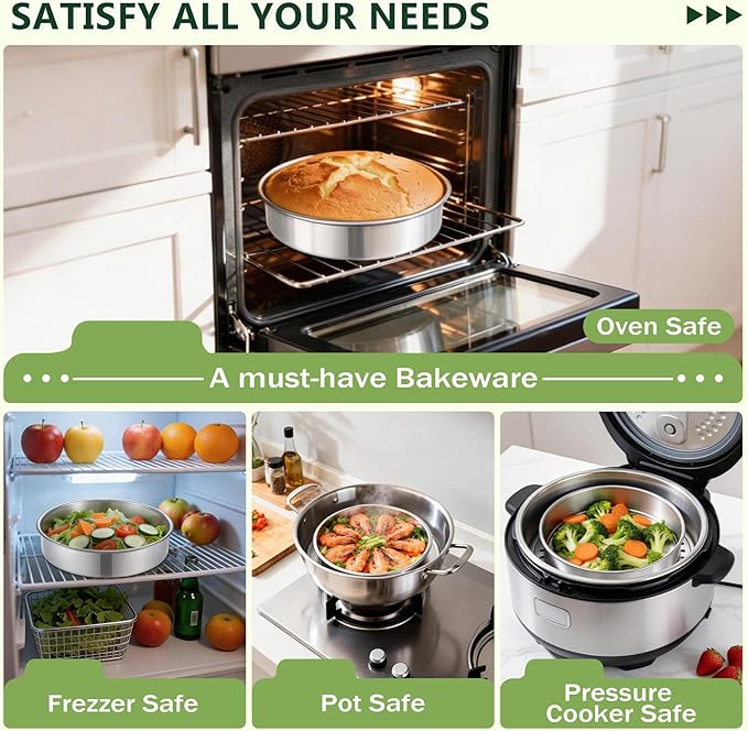 P&P CHEF 9 Inch Cake Pan, 1 Piece Round Layer Cake Baking Pans, Stainless Steel Smash Cake Tin Bakeware for Cooking Steaming, Nontoxic & Sturdy, Oven & Dishwasher Safe