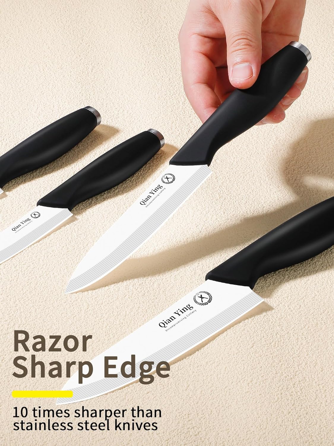 Ceramic Knife Set for Kitchen with Sheath: 100% Zirconia Pure Ceramic Sharp Blade Fruit Cutting Knives 9Pcs with Cover Rustproof Clean Cut Edge Black Handle, No Scratches on Titanium Cutting Boards