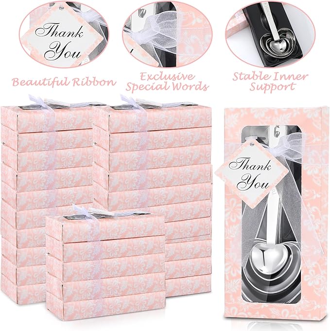 25 Set Pink Heart Shaped Measuring Spoons Stainless Steel Measure Tea Spoons for Bridal Shower Wedding Gift Birthday Tea Party Souvenirs for Guests with Individual Package (Elegant)