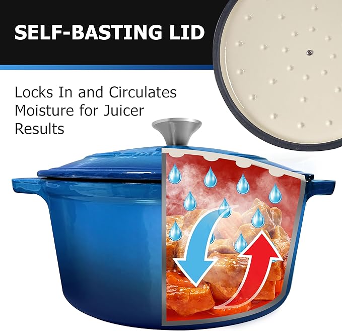 Mueller 6qt Enameled Cast Iron Dutch Oven, Heavy-Duty Casserole and Braiser Pan with Lid and Knob, Oven-Safe up to 500° F & Across All Cooktops, Aqua Blue