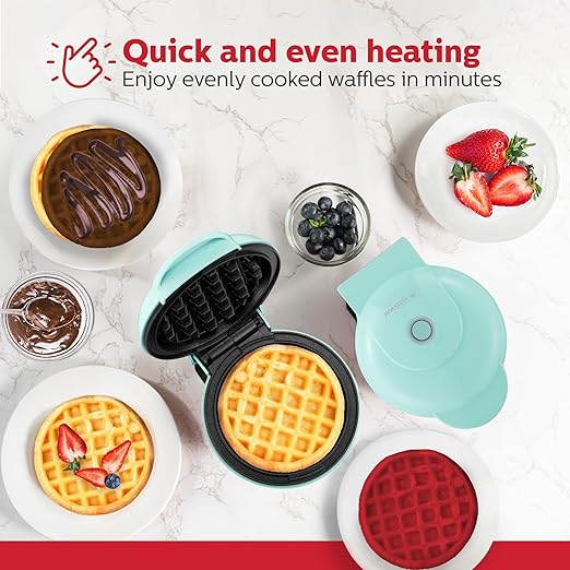 Holstein Housewares Personal/Mini Waffle Maker, Non-Stick Coating, Mint - 4-inch Waffles in Minutes, Ideal for Breakfast, Brunch, Lunch or Snacks