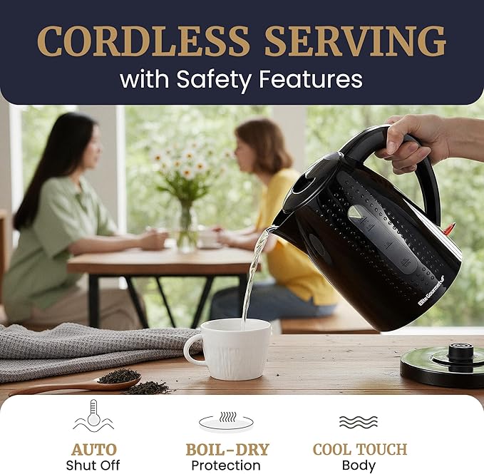 Elite Gourmet EKT5051 1.7L Electric Water Kettle, BPA-Free, Fast Boil, Auto Shut-Off, Boil-dry Protection, 360° Swivel Base with Cordless Serving, Clear-view Window with Water Level Markings, Black