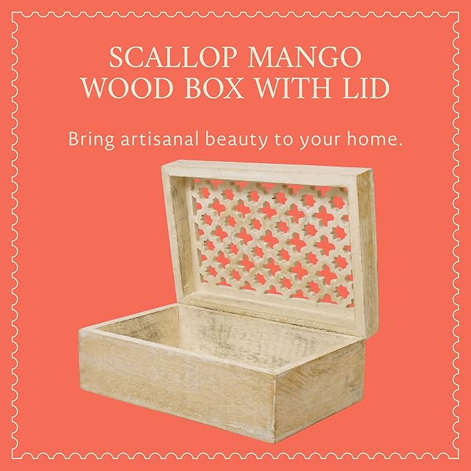 Mela Artisans Trellis Mango Wood Decorative Storage Box – Hand-Carved Wooden Jewelry Box for Keepsakes, Accessories & Home Decor – Whitewash, Large, 9 x 6 x 3.5