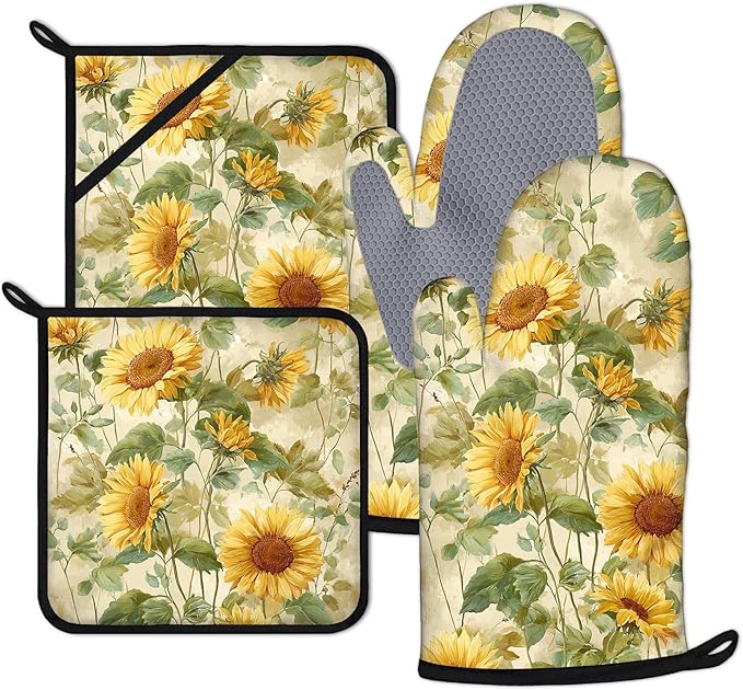Sunflower Oven Mitts and Pot Holders Sets 4Pcs Silicone Non-Slip Mitts Heat Resistant Gloves Hot Pads for Kitchen Cooking Baking Grilling BBQ