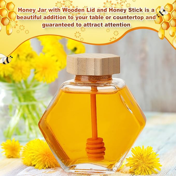 Sunnyray 30 Pcs Glass Honey Jars with Dipper Hexagonal Clear Glass Dispenser Small Honey Containers Bottle with Wooden Dipper and Cork Lid for Home Storage Kitchen (220 ml)