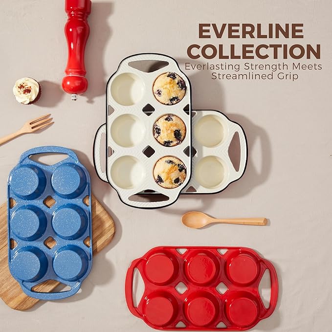 HONGBAKE Everline Collection Enameled Cast Iron Muffin Pan, Non Tocix Naturally Muffin Tin 6, Non Stick Cup Cake Pans for Baking, Oven & Stovetop Safe, Standard Size, 2 Pack, Blue