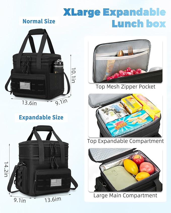 holuxer Tactical Lunch Bag & Lunch Box for Men - Large Double Deck Expandable Insulated Soft Adult Lunchbox for Work - Cooler Bag for Beach, Picnic, Camping,Outdoor，Travel (Black,23L)