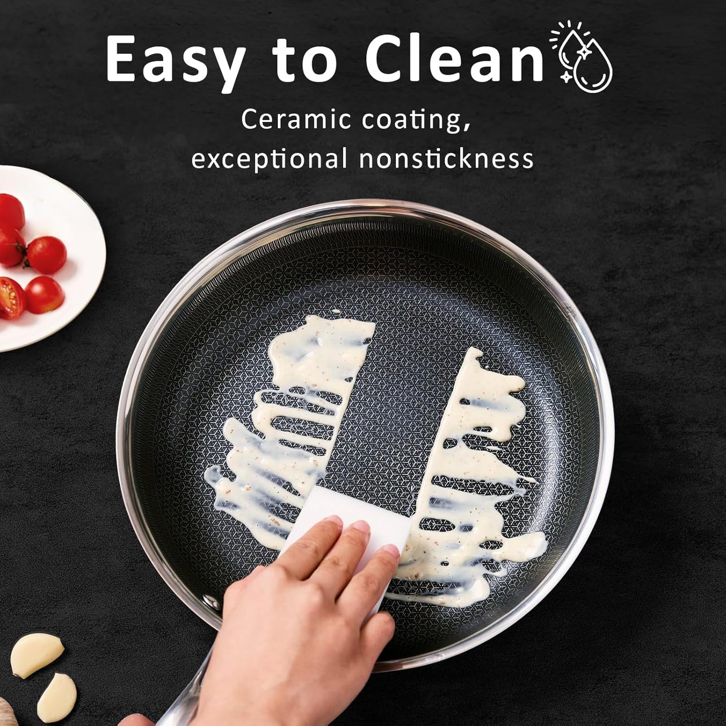 9.5" Non Stick Frying Pans, Hybrid Ceramic Stainless Steel Pan, Skillet with Stay-Cool Handle, Non Toxic, PFAS PFOA PTFE Free, Dishwasher & Oven Safe, Induction, Compatible with All Cooktops