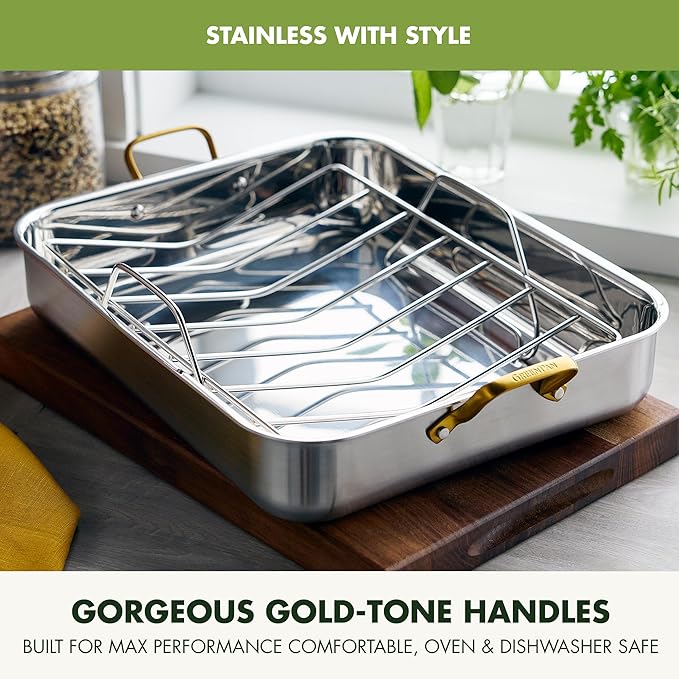 GreenPan Reserve 16" x 13" Tri-Ply Stainless Steel Roasting Pan with Roaster Rack, Multiclad Cookware, Induction Suitable, Gold Stainless Steel Handles, Dishwasher & Oven Safe, Silver