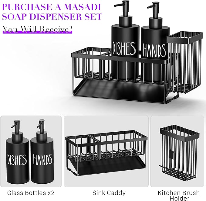 MASADI Kitchen Dish Soap Dispenser Set with Sponge Holder, 12OZ Glass Bottle, Hand and Dish Soap Dispenser Set, Non-Slip Silicone Pad, Brush Holder, Kitchen Sink Organizer Countertop (Black)