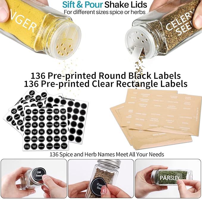 Antimbee 40-Pack 3.5 OZ Glass Spice Jars with 324 Labels, Shaker Lids and Airtight Metal Caps, Empty Reusable Square Seasoning Bottles, Spice Storage Containers, Marker and Stainless Steel Funnel