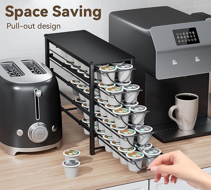 HFHOME Coffee Pod Holder For Counter, Pod Holder for K-cups, 5-tier Metal Coffee Capsule Storage Drawer, 70 Capacity Pods Organizer for Cafe Counter, Home, Office or Kitchen,3 cup rack, Black