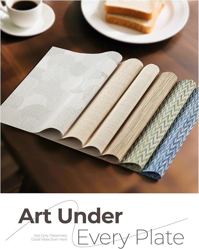 Leetaltree Beige White Placemats Set of 16 - Heat Resistant Non-Slip Place mats for Dining Table, Washable Durable PVC Vinyl Woven Table Mats(Beige White, 16)