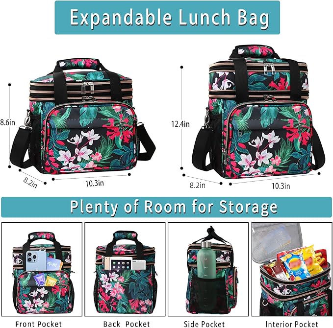 GLENKEY Versatile Lunch Box Cooler Bag - Expandable Insulated Lunch Bag Tote for Women - Large Lunchbox for Adults Work Office Outside Trips Floral 16L