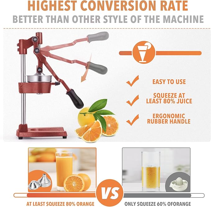 19 Inch Height Extra Tall Commercial Heavy Duty Cast Iron Hand Press Manual Orange Citrus Lemon Lime Grapefruit Pomegranate Fruit Juice Squeezer Machine with Stainless Steel Cup Red