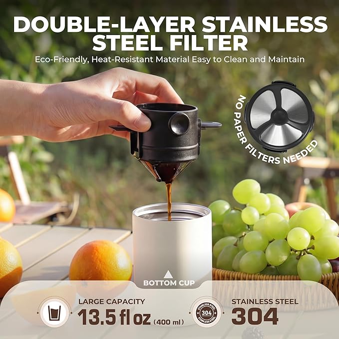 HAUSHOF Portable Coffee Maker, Travel Coffee Maker Battery Operated Small Pour Over Set, Compact Coffee Maker with Electric Grinder & Insulated Mug for Travel, Camping, Car