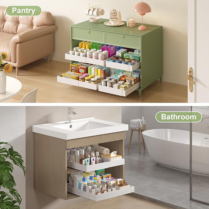 2-Pack-Expandable-Pull-Out-Cabinet-Organizers For Kitchen, Adjustable Slide Out No Drill Adhesive Drawers With Raising Pad For Framed Cabinet, Heavy Duty Sliding Roll Out Shelves Inside Cabinet