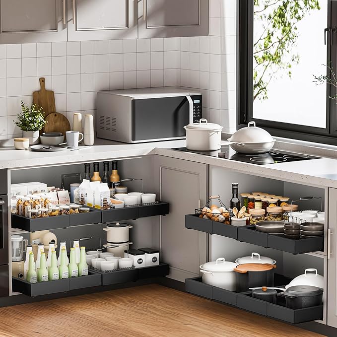 2 Pack Pull Out Cabinet Organizer, Drawers Slide Out Expandable Width (12"-19") and Depth (17"-23") With 3 Slides, Fixed with Adhesive Film and Nail for Cabinets in Kitchen, Pantry or Bathroom - Black