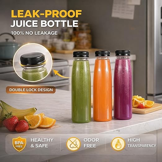 Holotap 30 Pack Empty PET Plastic Juice Bottles 14 OZ Clear Disposable Bulk Drink Bottles with Black Tamper Evident Caps Lids (14 OZ, Black)
