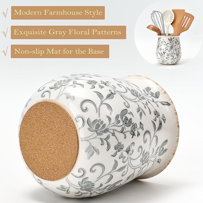 Utensil Holder for Kitchen Counter, Modern Farmhouse Cooking Utensil Holder and Crock Home Kitchen Decor, Ceramic Utensil Organizer for Spatula, Ladle, Eggbeater, Rolling Pin- Gray Flower Patterns