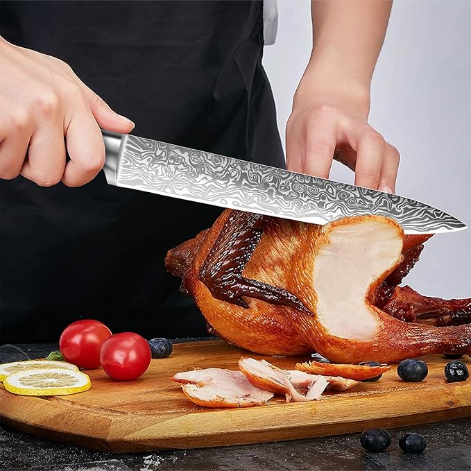 MOSFiATA 8 inch Carving Knife，Stainless Steel Brisket Slicing Knife for Meat Cutting, Razor Sharp Butcher Knife with Granton Edge for Roasts, BBQ, Turkey