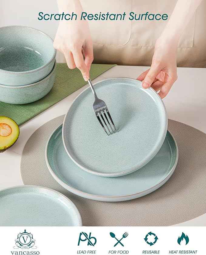 vancasso ANYA 18 Pieces Plates and Bowls Set, Mint Green Dinnerware Sets, Reactive Glaze Dishes Set for 6, Ceramic Dishware Sets Kitchen Dinner Set, Microwave & Dishwasher Safe