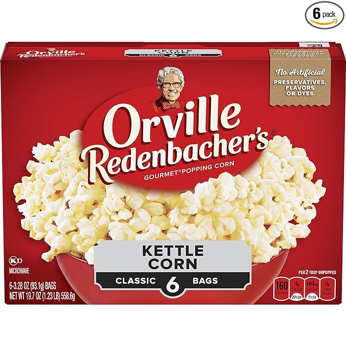 Orville Redenbacher’s Microwave Popcorn, Kettle Corn, 3g Fiber Per Serving, 3.28 oz., 6-Count (6 Boxes)