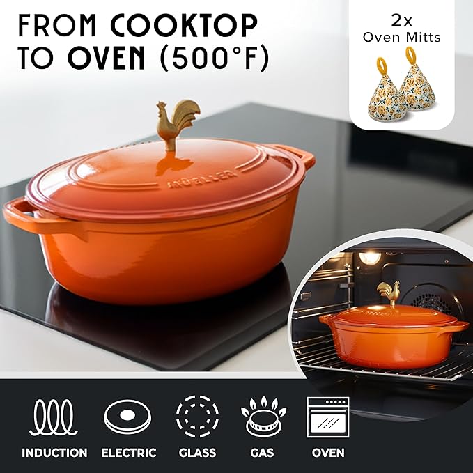 MUELLER HOME 5.5 Quart Enameled Cast Iron Oval Dutch Oven w Rooster Knob & Cotton Potholders, Heavy-Duty Cookware, Oven-Safe up to 500° F & Across All Cooktops, Gifts for Grandma & Women, Orange