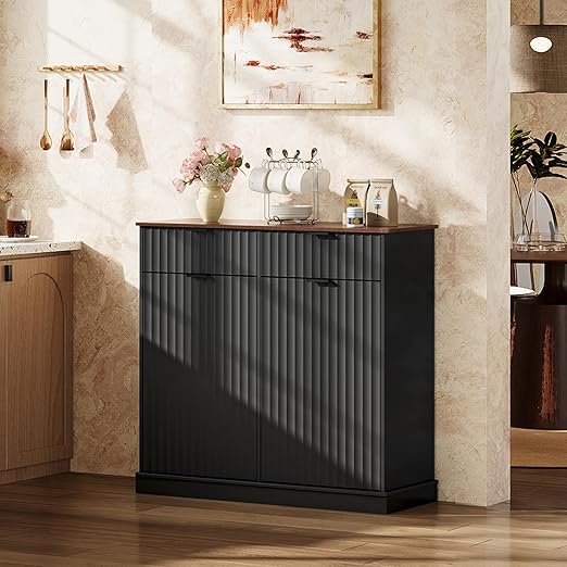 WLIVE 2 * 10 Gallon Double Tilt Out Trash Can Cabinet, Hidden Trash Can with Storage Drawers, Food/Clothes Storage Pet Proof Wooden Garbage Bin Cabinet for Kitchen, Home, Laundry (Black)