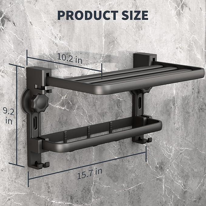 Towel Rack with Towel Bar Holder Suction Cup Foldable Towel Shelf No Drill with 7 Hooks Rustproof Towel Storage Wall Mount for Bathroom Lavatory Matte Blackish Gray16 Inch
