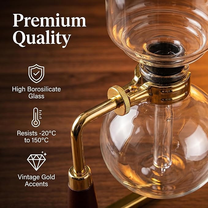 Vacuum Coffee Maker, Manual Siphon Coffee Brewer 3-Cup (360ml) with Alcohol Burner, Adjustable Buffer Clamp, Stainless Steel Bracket Base for Coffee Aficionados