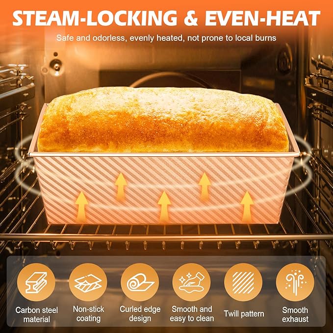 Pullman Loaf Pan with Lid + Non-Stick Meatloaf Pan with Draining Insert, Carbon Steel Bakeware with Scraper & Brush, 2LB Baking Pans for Homemade Bread & Meatloaf