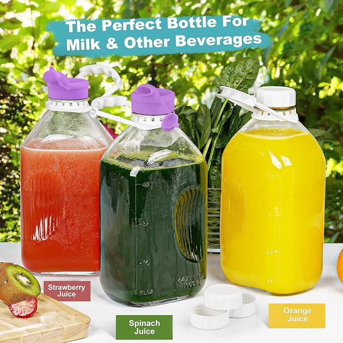 Ritayedet 4 Pack 64 Oz Heavy Duty Glass Milk Bottle with 1 Silicone Spout and 5 Reusable Airtight SCREW LID, 2 Qt Glass Water Bottle with 2 Exact Scale Lines - Milk/Juice Jug Pitcher
