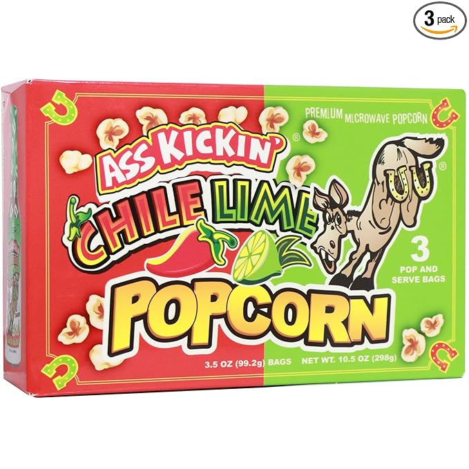 ASS KICKIN' Chile Lime Microwave Popcorn Bags - 3 Pack - Ultimate Spicy Popcorn Gourmet Gift - Makes a Great Movie Theater Popcorn or Snack Food for Movie Night