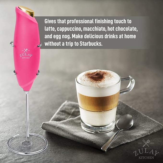 Zulay Kitchen Premium One-Touch Milk Frother for Coffee - Easy-Use Frother Handheld Foam Maker - Electric Whisk Drink Mixer for Cappuccino, Frappe, Matcha and Hot Chocolate (Hot Pink, Gold Button)